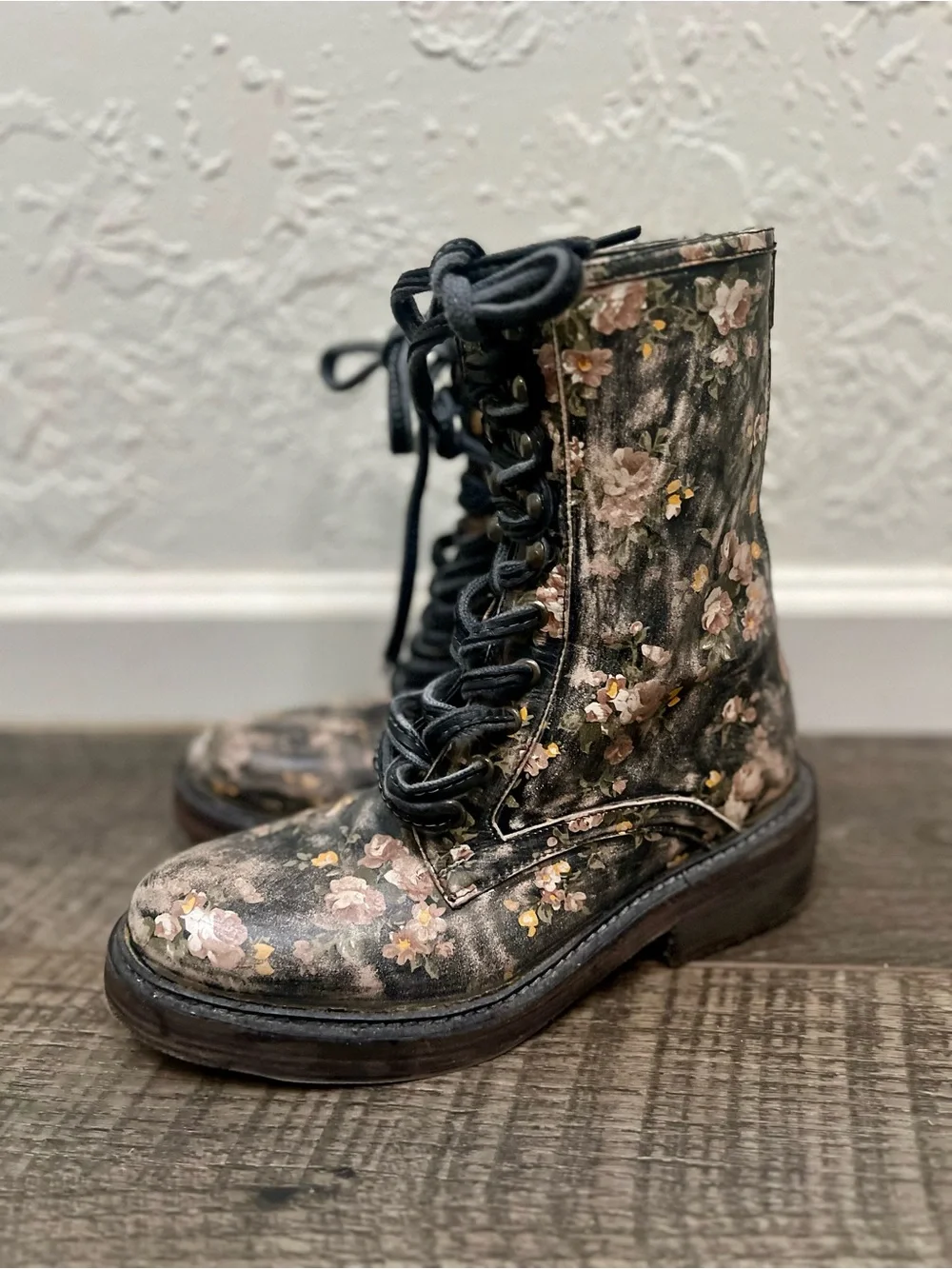 Free People Black Floral Lace-Up Combat Boots